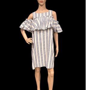GIANNI BINI Blue & White Striped Off Shoulder Ruffle Dress Size M